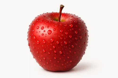 Juicy red apple on a white background, covered with water drops