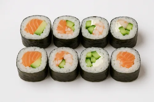 Delicious sushi rolls with various fillings and fresh ingredients
