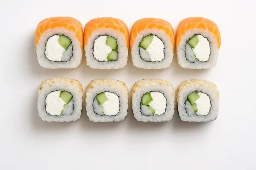 An image depicting various types of sushi filled with cucumber and cream cheese