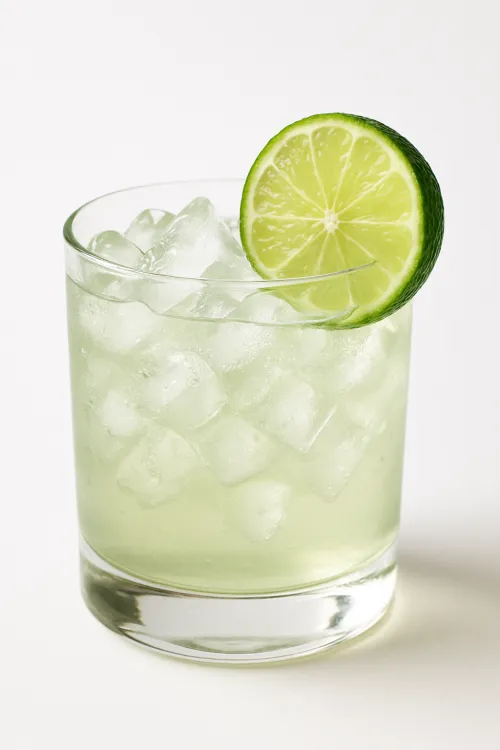 Cocktail with ice cubes and a slice of lime on the edge of the glass