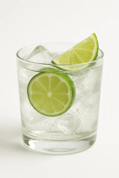 Glass with a transparent carbonated drink and lime slices