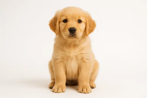 Golden Retriever puppy sitting on a white background with an intelligent look