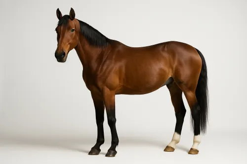 Spotted horse standing on a neutral light background with a striking coat