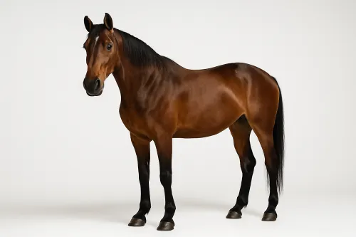 Image of a brown horse standing on a white background with good lighting