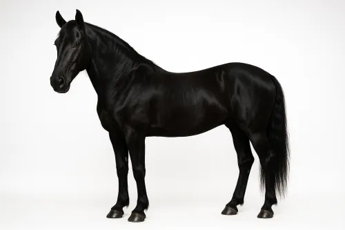 Beautiful black horse with shiny coat on a light background