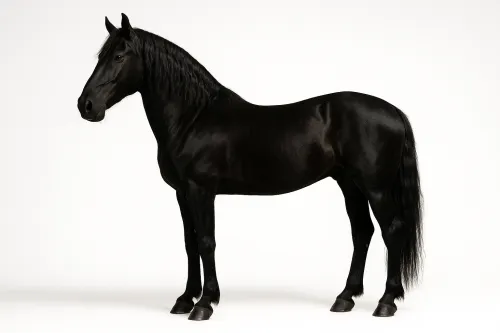 Image of a black horse with a long mane on a white background