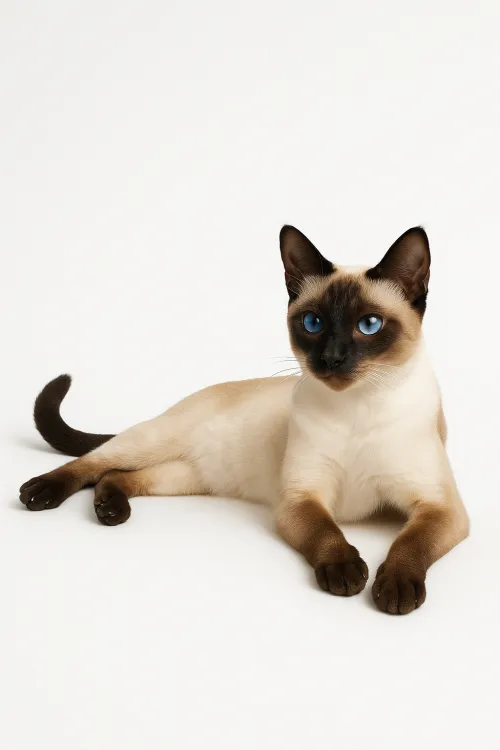 Portrait of a Siamese cat with bright blue eyes on a neutral background