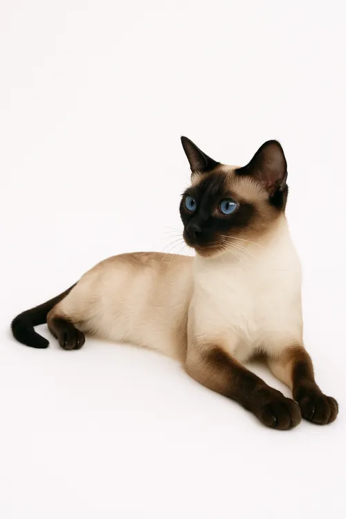 Photograph of a Siamese cat with bright blue eyes