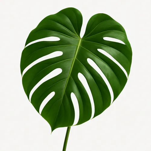 Green monstera leaf on a light background with unique cutouts
