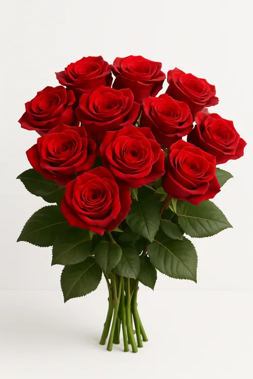Elegant bouquet of twelve red roses and bright green leaves