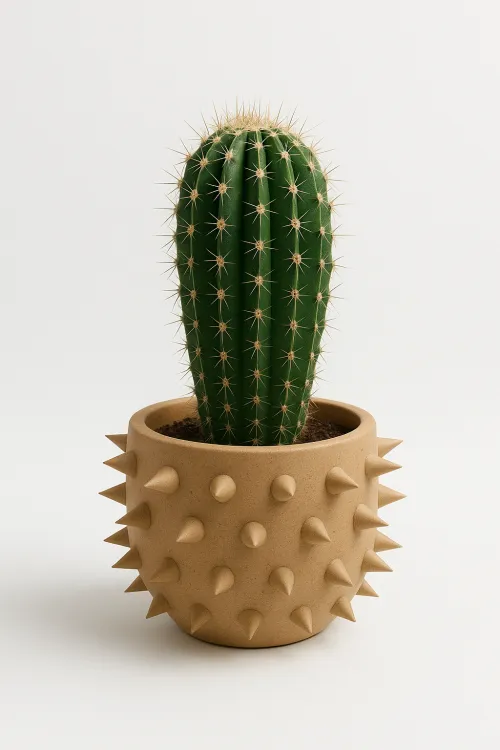 Green cactus in a pot with spikes on a white background