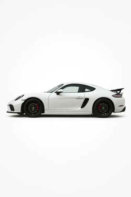 Side view of a white sports car with black wheels