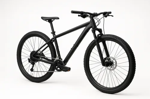 Mountain bike with a matte black finish on a white background