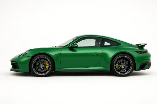 Side view of the sports car Porsche 911 in green color