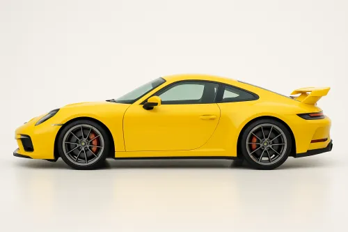 A side view shows a yellow sports car with a distinctive body shape