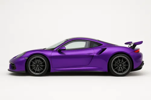 Photo of a purple sports car in profile on a white background