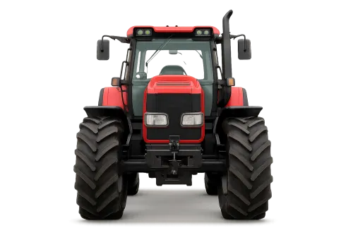 Red tractor with powerful front and rear tires on a black background