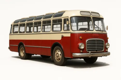Retro design bus with red and cream coloring, typical of the 1960s
