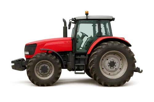 Side view of a red tractor with large wheels and a glass cabin
