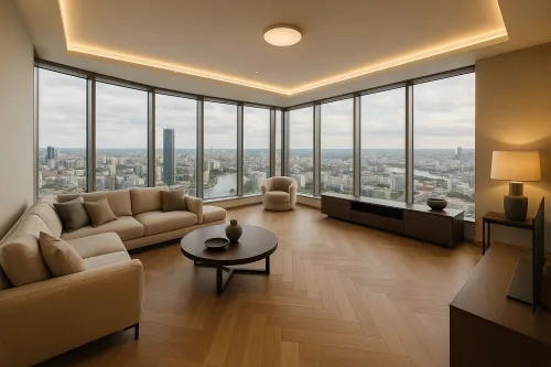 Spacious living room with large windows and cozy furniture