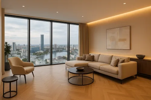 Modern apartment interior with floor-to-ceiling windows and a stunning urban landscape