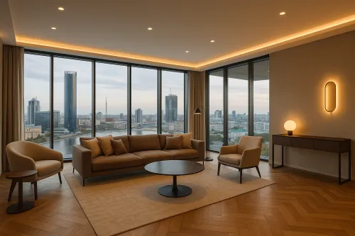 Elegant living room with windows and a stunning view of the cityscape
