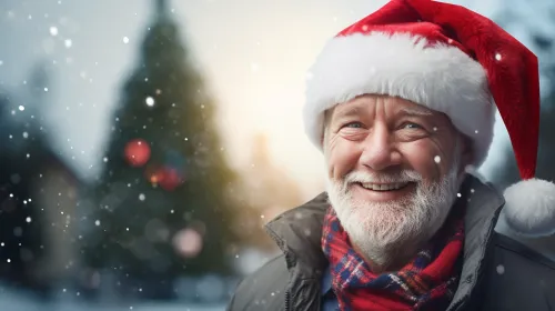 Hombre con barba blanca y gorro navideño frente a un árbol de Navidad