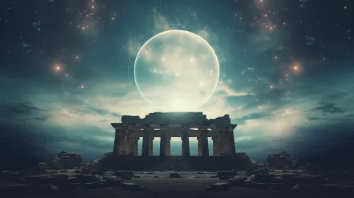 Noche, templo con columnas, luna brillante y estrellas en el cielo.