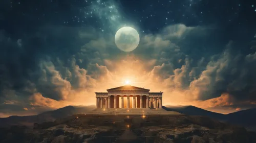 Temple against a starry sky and a bright moon at night