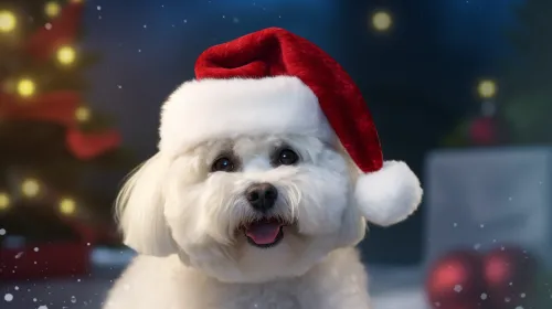 Hermoso perro blanco con gorro de Santa frente a un árbol de Navidad