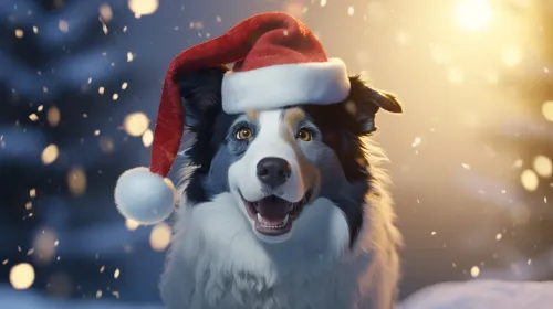 Perro feliz con un gorro navideño sobre la nieve en un bosque nevado