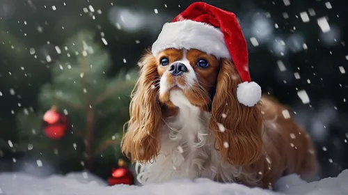 Cavalier King Charles Spaniel con gorro de Navidad frente a la nieve y el árbol de Navidad