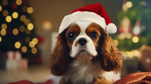 Cavalier King Charles Spaniel with a New Year's Hat and Festive Background