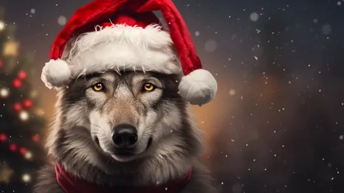 Dog's face in a Christmas hat on a snowy background with lights