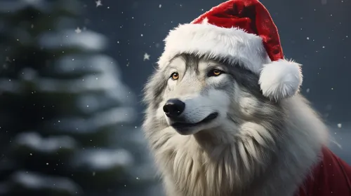 Well-dressed dog in a red hat against a backdrop of snowfall and fir trees
