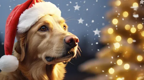 Golden Retriever in a festive hat against a backdrop of Christmas lights