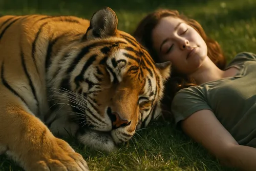 A woman sleeps next to a tiger on a green grassy cover