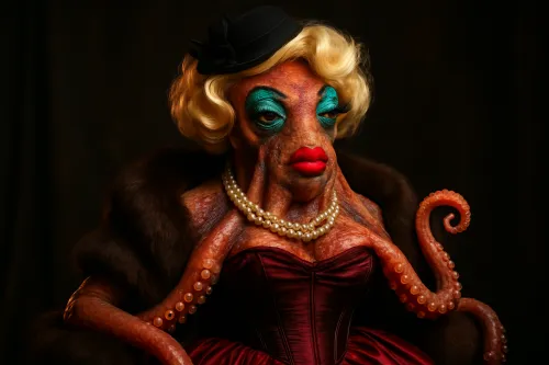 Octopus dressed in an evening gown and jewelry
