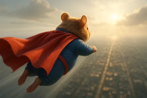 Hamster in a superhero costume flying over the city at sunset