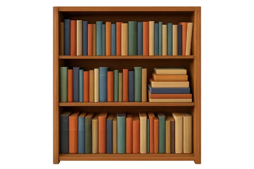 Деревянная полка с упорядоченными книгами разных цветов и размеров