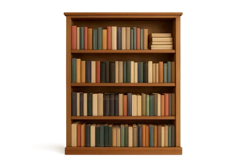 Деревянный стеллаж с разнообразными книгами разных цветов и форматов
