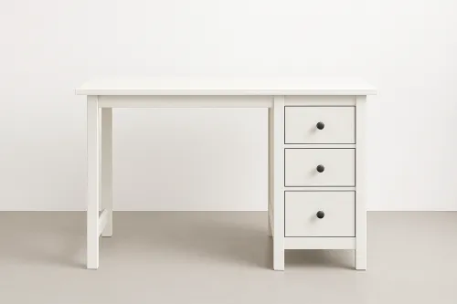 White Writing Desk with Three Drawers and Black Handles