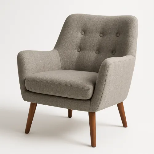 Modern chair with gray upholstery and wooden legs