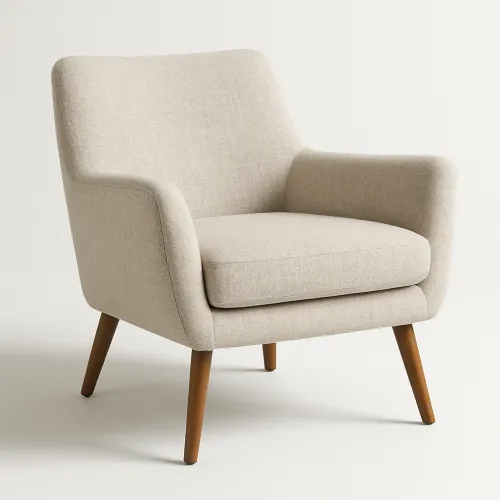 Cozy chair with light fabric upholstery and wooden legs
