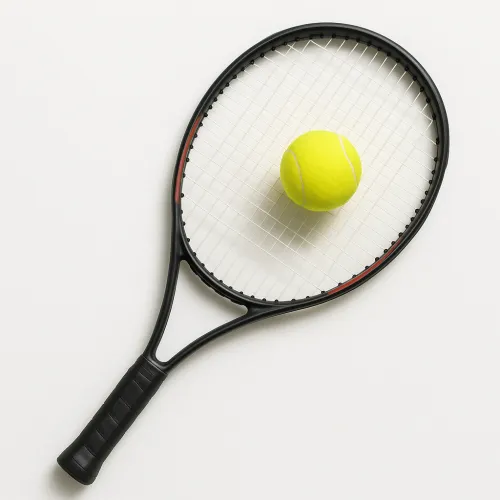 Raqueta de tenis negra y pelota amarilla sobre fondo claro