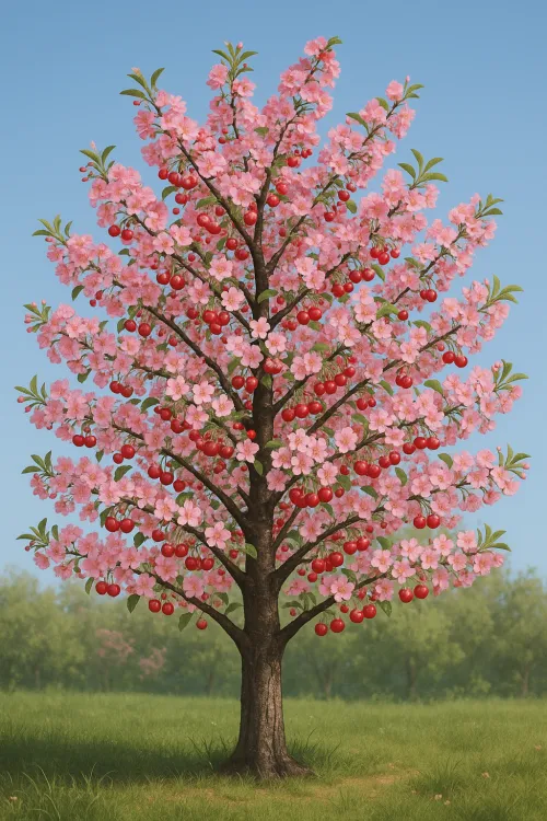 Cherry tree with bright flowers and red fruits on branches