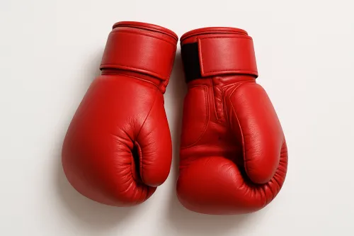Un par de brillantes guantes de boxeo rojos, dispuestos de manera simétrica