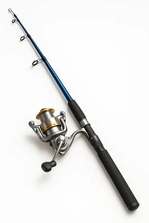 High-quality fishing reel with rod for fishing in water bodies