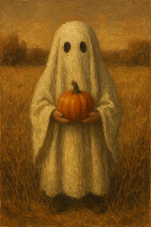 Silhouette of a ghost with a pumpkin against a backdrop of a dried field