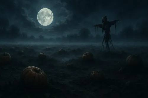Campo oscuro con calabazas y un espantapájaros aterrador bajo la luna llena